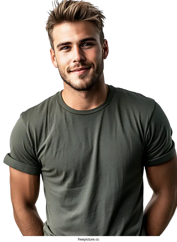 [Transparent Background PNG]Handsome Man Smiling in Green T-shirt Against transparent background