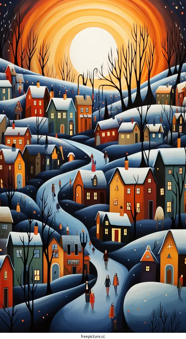 A Snowy Village Street with People Walking