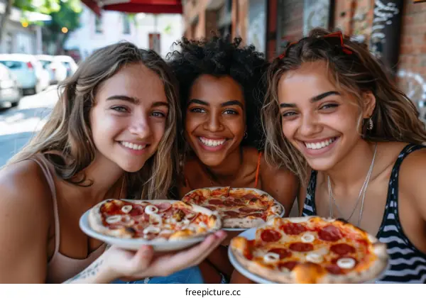 Three young women of different ethnicities are smiling and holding pizza.