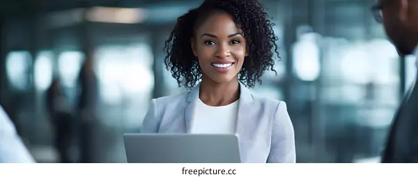 Smiling African American Businesswoman Working on Laptop in Office