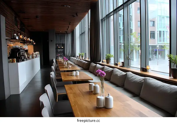 Modern Cafe with Large Windows and Seating