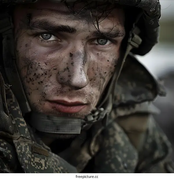 Portrait of a soldier with green eyes and a dirty face wearing a military helmet