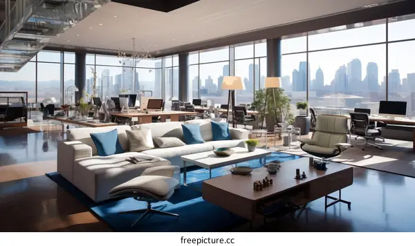 A modern office space with a city view