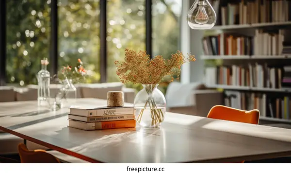 A beautiful still life of a vase of flowers on a table in front of a large window
