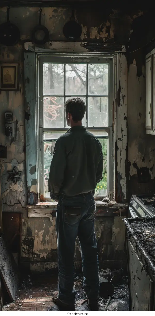 Man looking out a window in an abandoned house