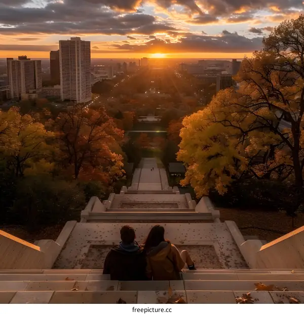 Couple Sitting on Steps with City Skyline View at Sunset