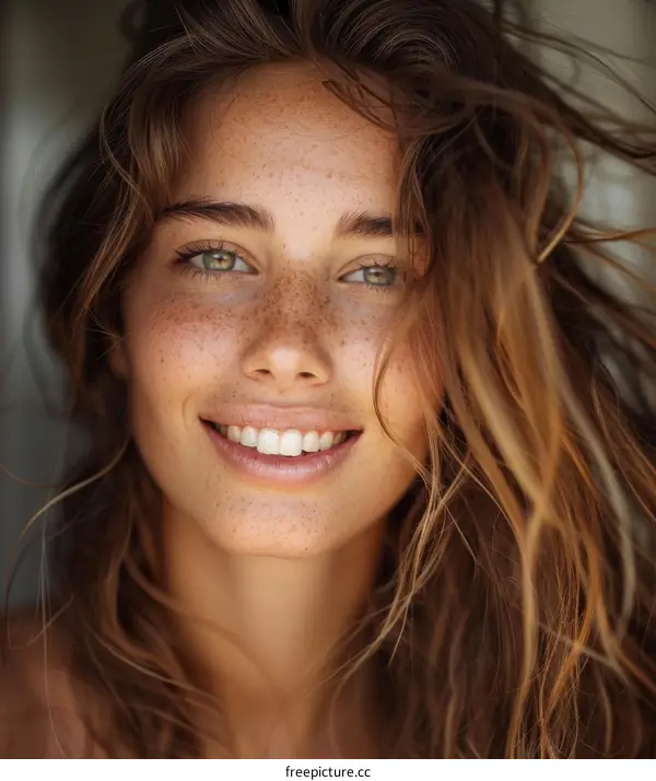 Closeup Portrait of a Beautiful Woman with Freckles