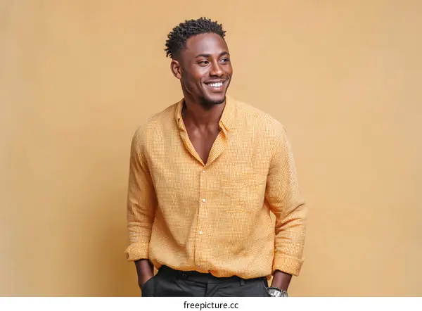 Smiling Black Man in a Light Orange Shirt