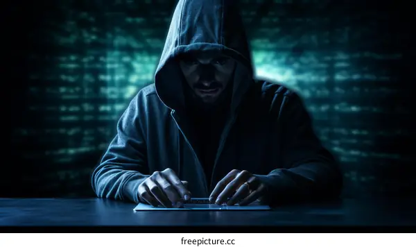 A hacker in a dark room wearing a hoodie is typing on a laptop.
