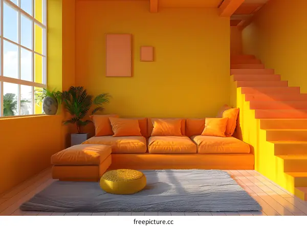 A modern living room with a large orange sofa and a gray rug