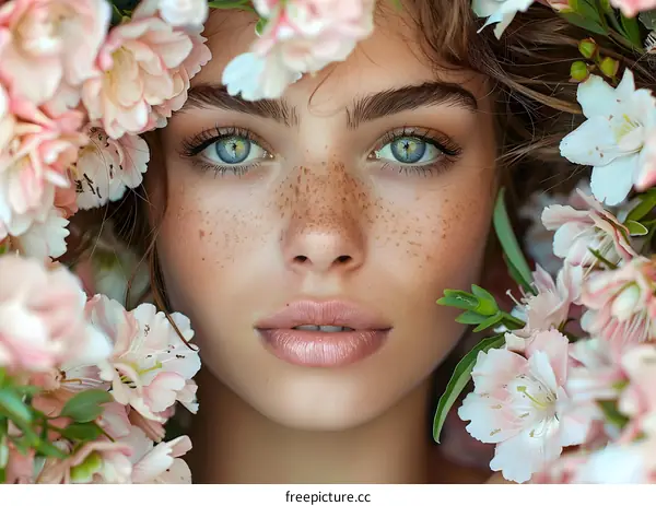 Portrait of a beautiful young woman with freckles on her face