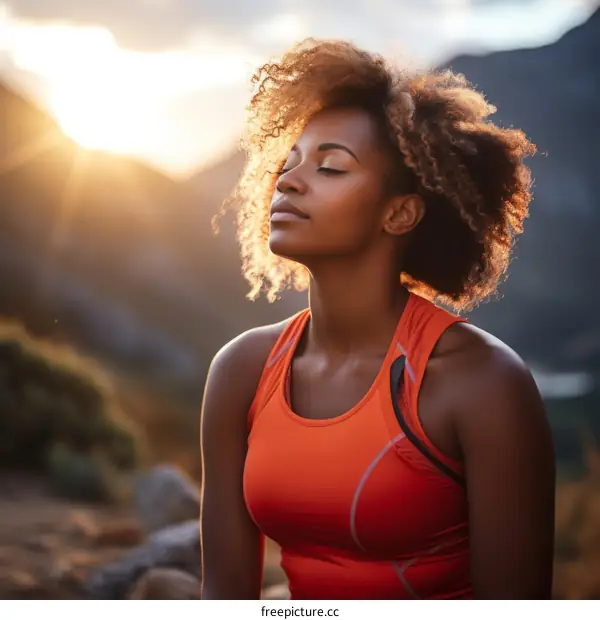 Young African-American woman in sportswear enjoying the sunset in the mountains