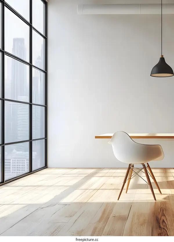 Minimalist White Room Interior Design With Wood Floor And City View