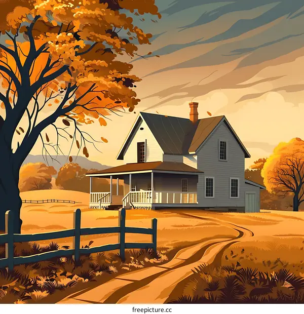 Autumn Landscape with Farmhouse and Golden Trees