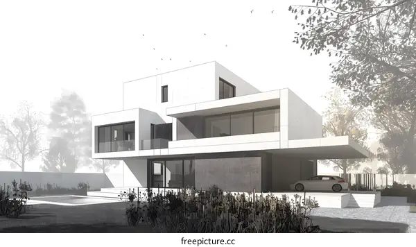 Modern House Architectural Design with Swimming Pool and Carport