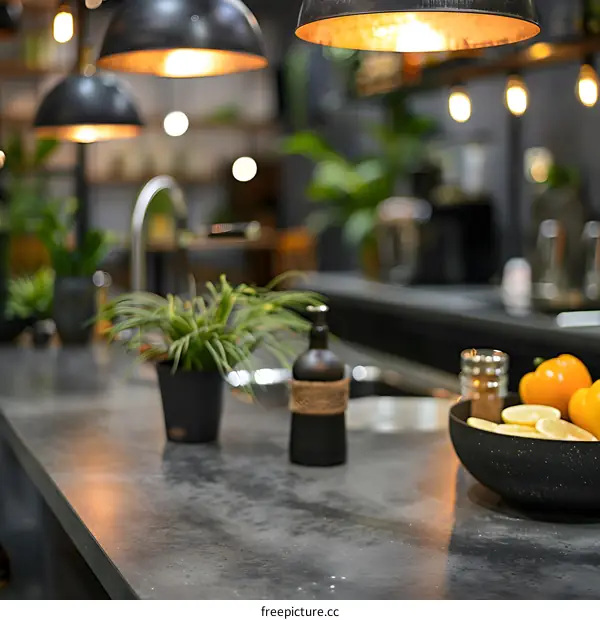 Modern Kitchen Countertop With Plants and Citrus Fruit
