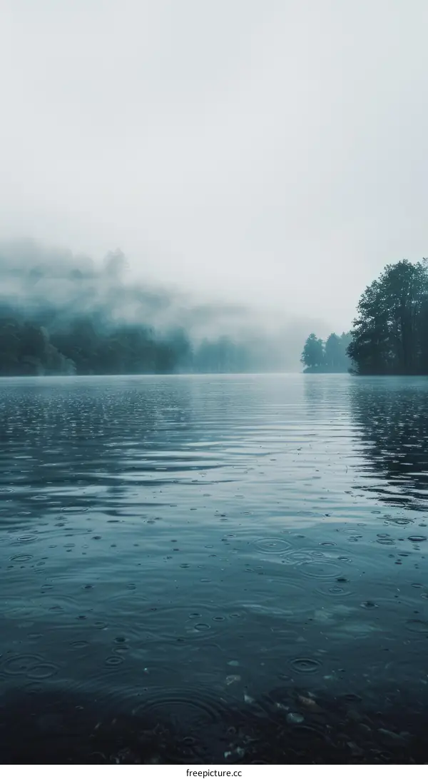 Tranquil Misty Lake with Rain Falling
