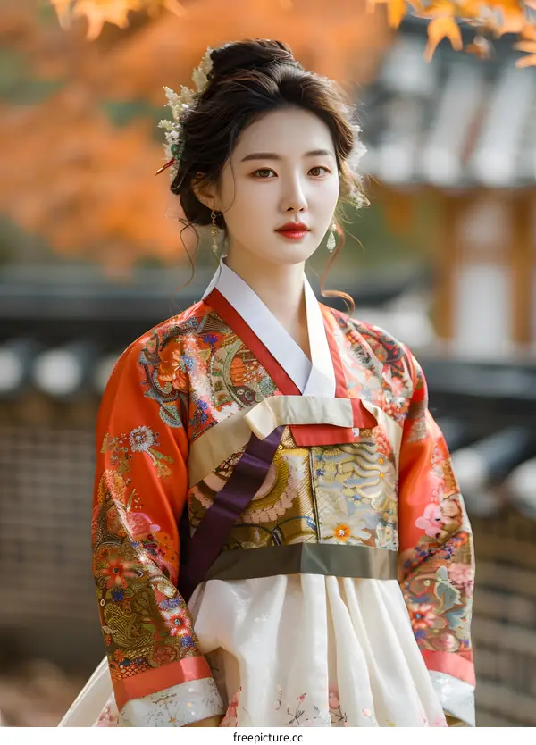 Portrait of a young woman in traditional Korean dress, or Hanbok