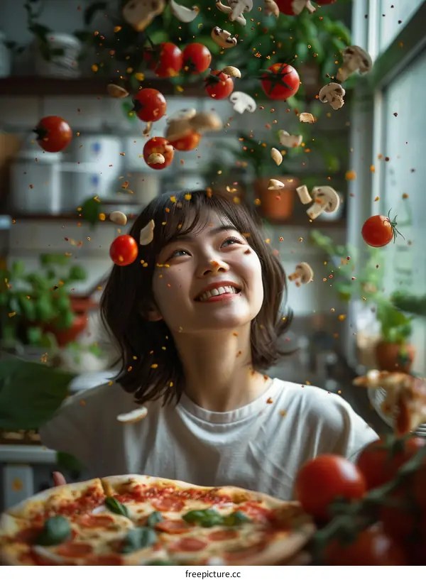 A young woman is making pizza in the kitchen
