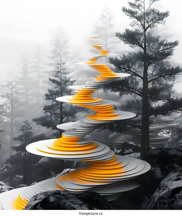 Surreal landscape with a spiral staircase leading up through the misty forest