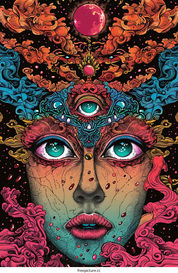 Colorful Psychedelic Art With Woman Face and Third Eye
