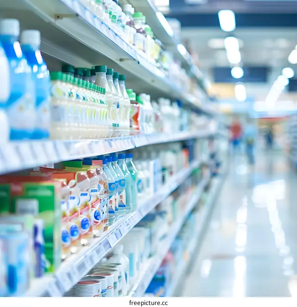 Supermarket Shelves Filled with Beverages and Food Products