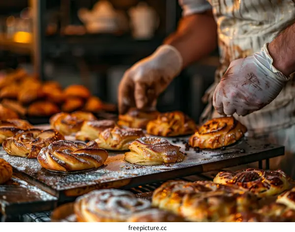 Pastries being prepared on a table in a bakery