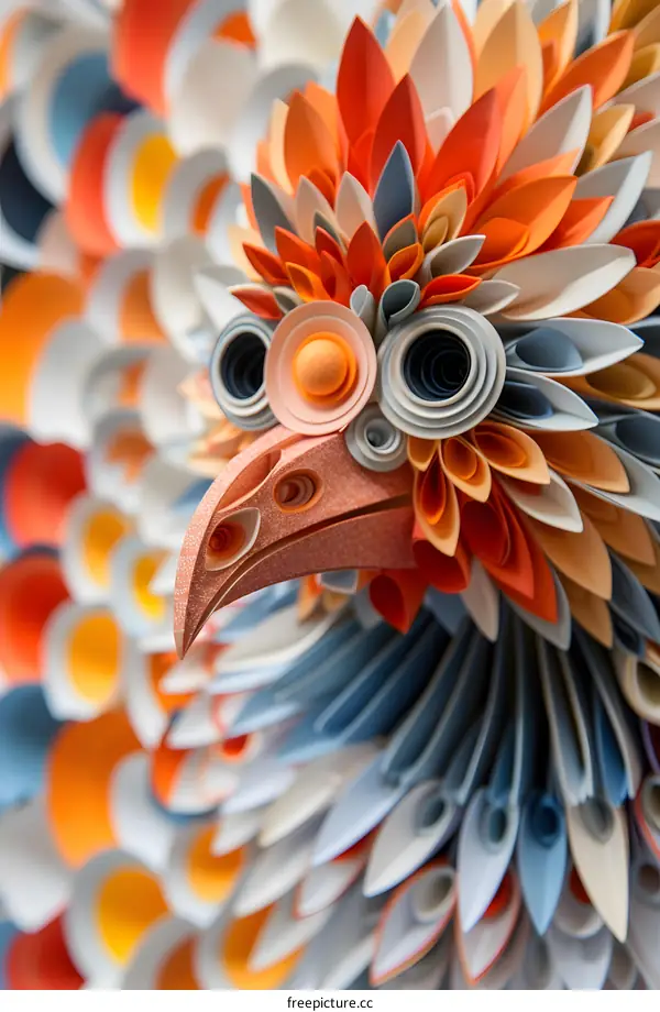 A close-up of a 3D paper sculpture of a bird with its head turned to the left