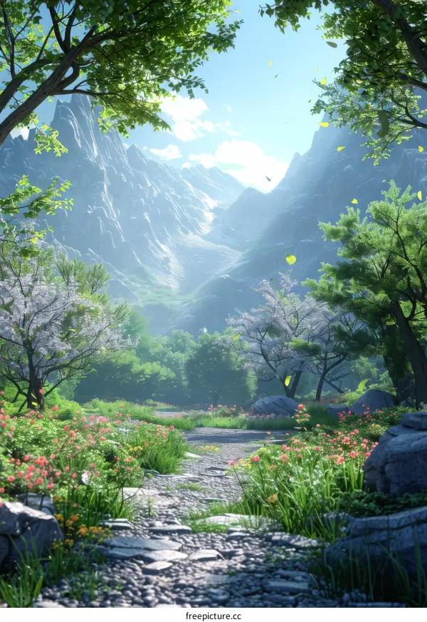 Fantasy Mountain Landscape with Trees and Flowers