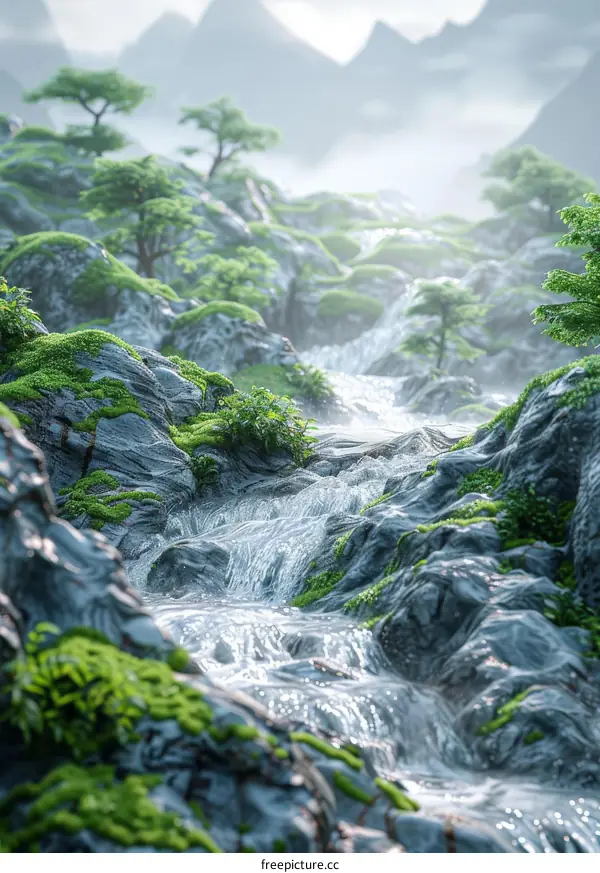 Small River Running Through Rocky, Mossy Landscape in Mountain Valley