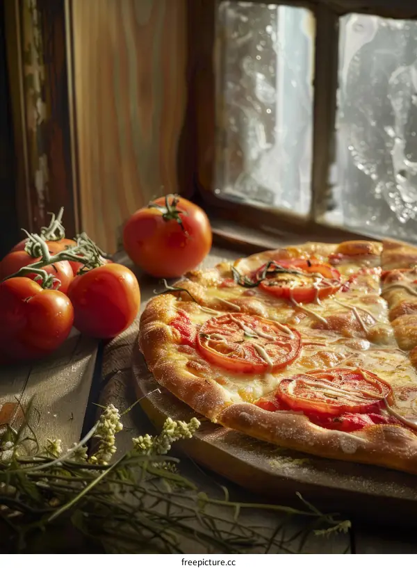 Pizza with fresh tomatoes on a wooden table near the window