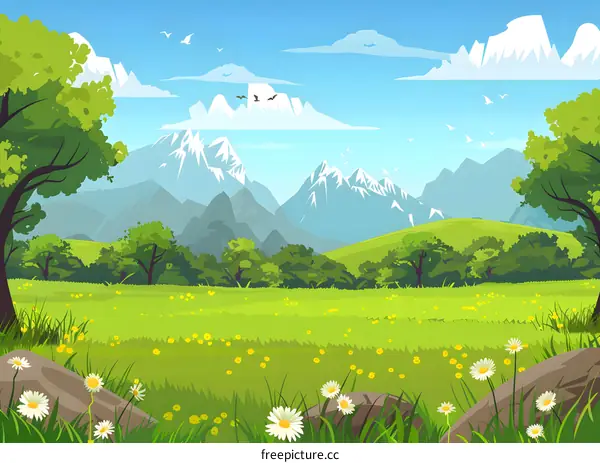 Green Meadow With Mountain Landscape