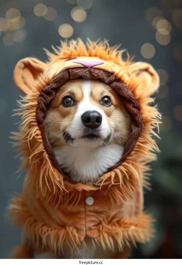 A cute corgi dog wearing a lion costume