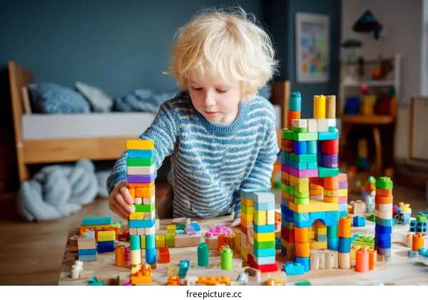 Child Playing with Colorful Building Blocks