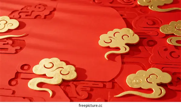 Chinese New Year Decorations with Golden Cloud Patterns on Red Paper
