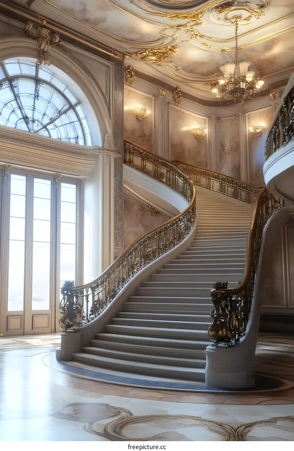 Curved Staircase in a Grand Hall with Ornate Details