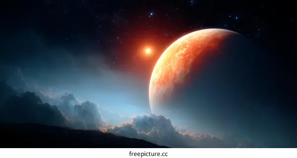 Celestial Planet Rising Above Clouds