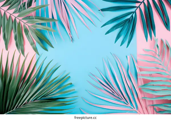Tropical Leaves on Blue and Pink Background