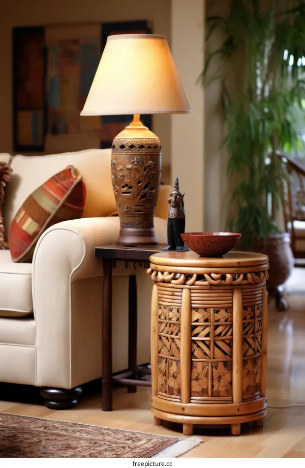 A beautiful living room with a sofa, a table, and a lamp