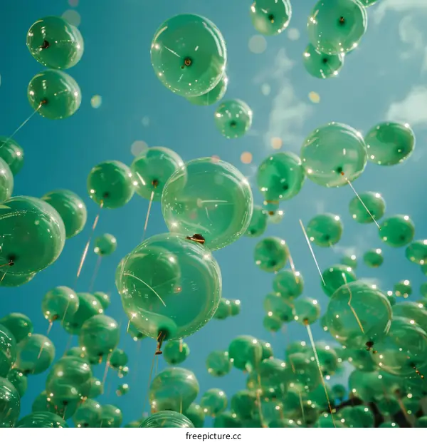Green balloons float in the sky