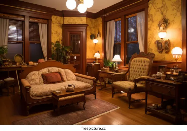 luxurious Victorian parlor with sofa and armchair