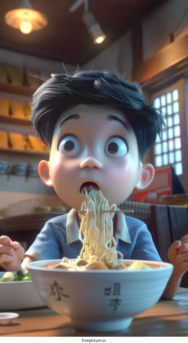 A boy is eating noodles with chopsticks in a restaurant
