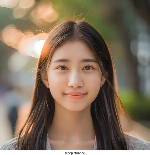 Portrait of Young Asian Woman with Long Hair Smiling