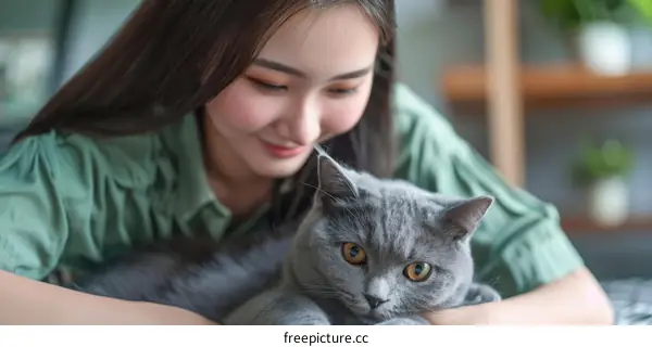 A young woman is sitting on a couch with a gray cat.