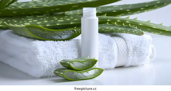 Aloe Vera Leaves and Bottle of Lotion on White Towel