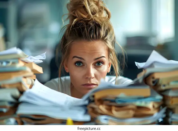 A young woman is overwhelmed by paperwork.