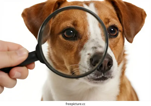 Using a magnifying glass to examine a cute dog's face closely