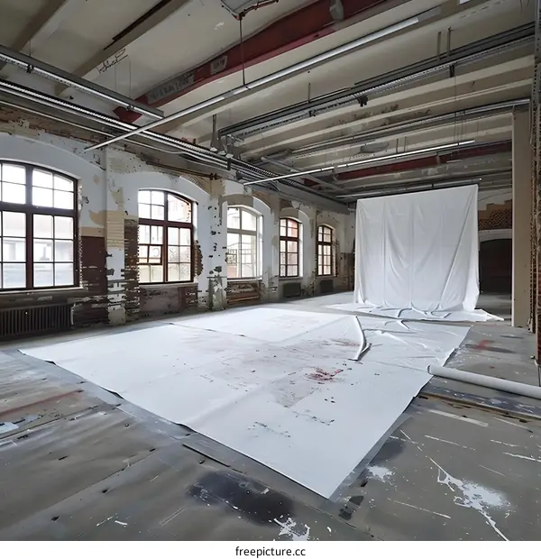 Large Empty Room With White Canvas And Red Paint Splatters