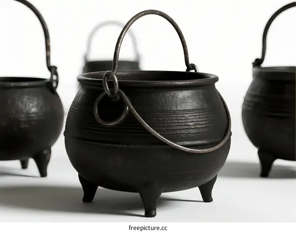 Black Cast Iron Cauldrons with Three Legs and Metal Handles