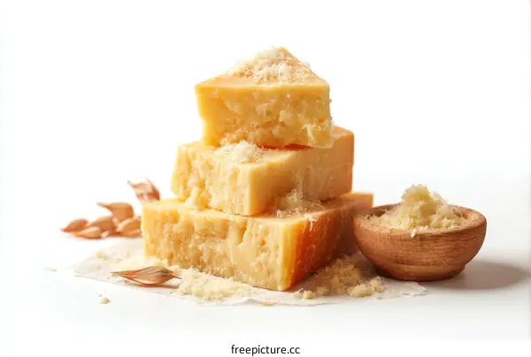 Parmesan Cheese Cubes Stacked on White Background